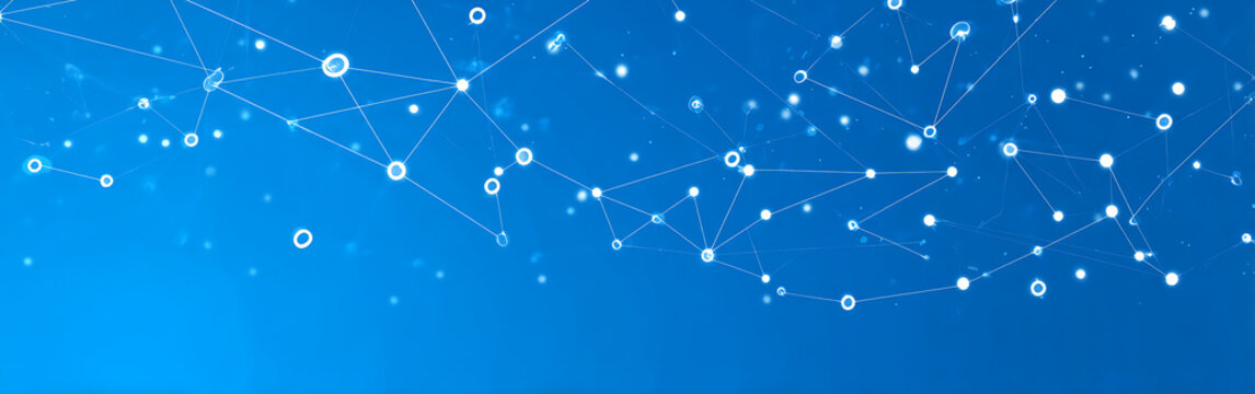 Blue background with white dots connected by lines, representing network connections and data transfer in the digital age.
