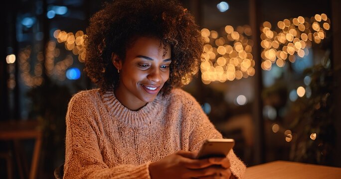 African American woman using smartphone app to donate money online. High quality