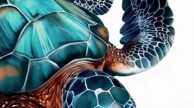 Detailed digital illustration of a sea turtle with turquoise shell, brown neck, and white background showcasing intricate textures and patterns