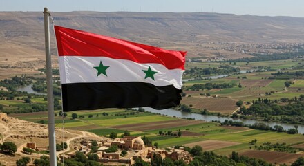 Waving Syrian Flag Symbolizing Ancient Civilizations Along the Fertile Orontes River Valley Landscape