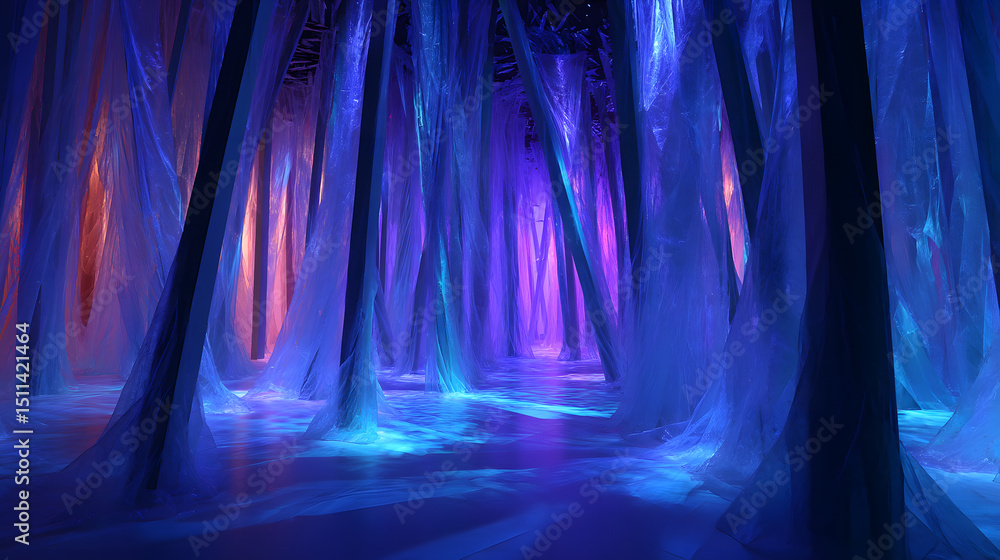 Poster enchanted forest: a captivating display of soft, flowing fabrics illuminated with a spectrum of ethe