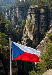 Waving Czech Flag Representing Central European Heart Against the Sandstone Rock Towers of Bohemian Switzerland