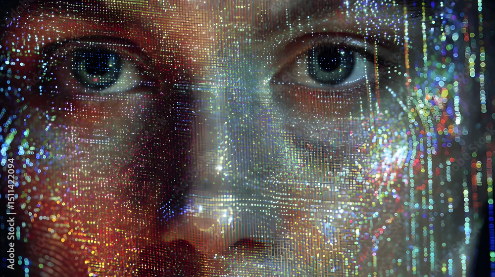 Poster digital connection: a close-up view of a person's face, overlaid with digital patterns representing 