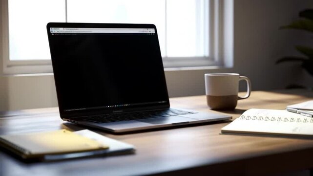 Laptop computer on wooden table with coffee