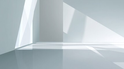 Abstract geometric background with white space, sharp shadows, and light reflections on the floor. Minimalist interior design of a modern room or exhibition hall.