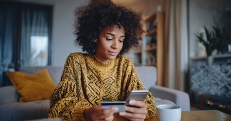 African American woman using smartphone app to donate money online. High quality