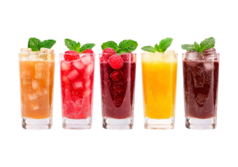 Refreshing summer beverages displayed in colorful glasses with ice at a bright setting on transparent background, PNG