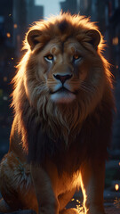 Fototapeta premium A proud lion stands tall against the hazy silhouettes of skyscrapers. This powerful image embodies the Leo zodiac sign — strength, dignity, and solar energy.