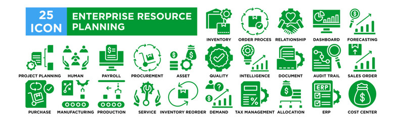 Enterprise resource planning icon collection set. Inventory Management, Order Processing, Customer Relationship, Accounting Dashboard, Financial Forecasting