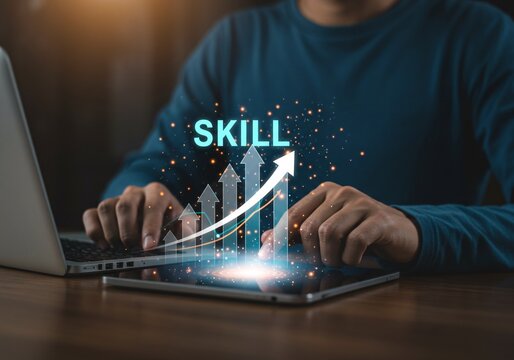 Up skill and personal development concept. employee pointing arrow to upskill or reskill, kill training, education, learning, ability, knowledge and competency for digital transformation.