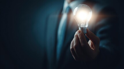 Businessman holding a light bulb, creative thinking for new ideas and innovation concepts. A man's hand with a glowing lamp in the studio background, copy space banner