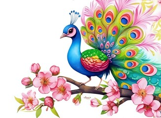 Obraz premium Majestic Peacock with Vibrant Plumage and Pink Blossoms