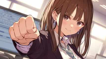 オフィススーツを着た、茶色のロングヘアと前髪がキュートな女の子が、微笑みながら拳をこちらに向けている