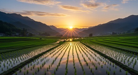 Serene Sunset Over Rice Paddies Reflected in Calm Water with Mountain Background