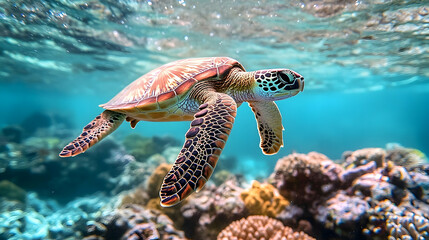 Fototapeta premium Sea turtle swimming among coral reefs.