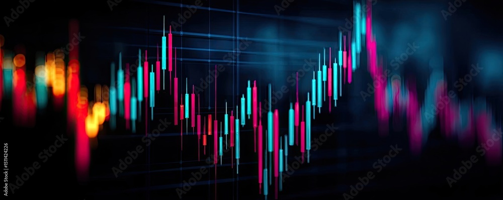Poster Candlestick pattern based on entry and indicator exit timing concept. Abstract financial chart showcasing vibrant market trends.