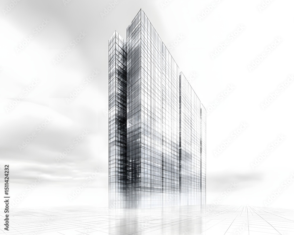 Poster futuristic wireframe skyscraper rendering in abstract white setting