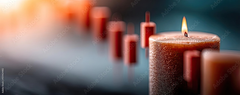 Poster Candlestick pattern based on entry and indicator exit timing concept. A close-up of a lit candle surrounded by unlit candles.