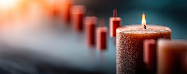 Candlestick pattern based on entry and indicator exit timing concept. A close-up of a lit candle surrounded by unlit candles.
