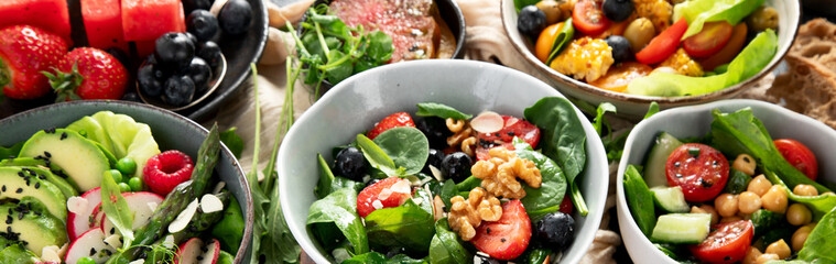 Vegan summer dishes. Healthy and tasty brunch.