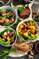 Vegan summer dishes. Healthy and tasty brunch.