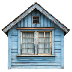 Fototapeta premium Charming Light Blue Wooden Cottage House with Warm Window Glow in the Darkness