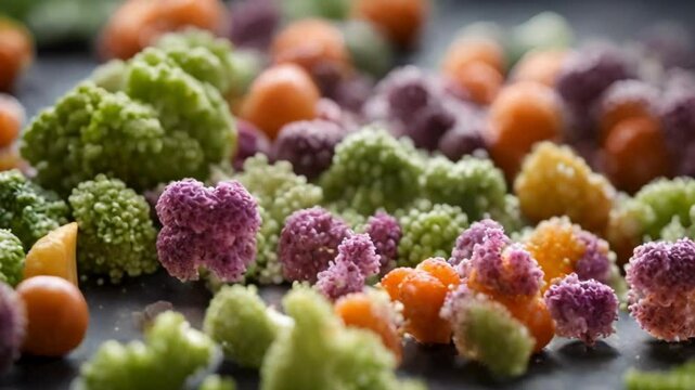 A close up of colorful cauliflower florets in shades of green orange and purple on a dark surface