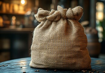 Rustic Burlap Sack Coffee Beans Mockup on Wooden Table

