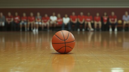 Focused Basketball on Court with Players in Background Watching Game