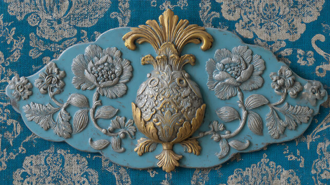 3d rendering of an ornate gold scroll frame against a textured antique wallpaper background