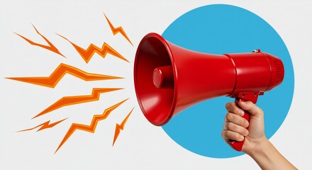 Hand Holding a Red Megaphone Announcing Important News with Orange Lightning Bolts Graphic