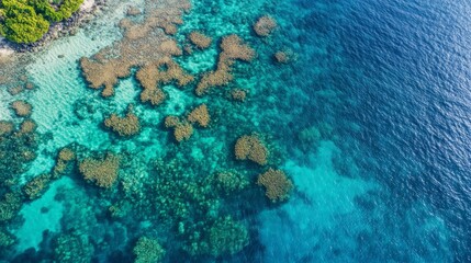 Obraz premium Aerial view of vibrant ocean corals tropical paradise landscape photography coastal environment expansive viewpoint colorful aquatic ecosystem