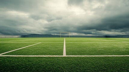 Fototapeta premium Expansive football pitch under overcast sky sports field landscape photography cloudy environment wide angle view open concept