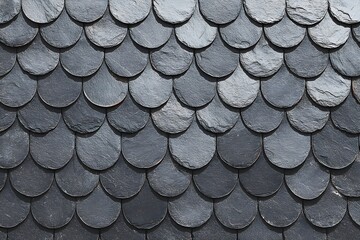 A close-up view of gray fish scale slate roof tiles, showcasing a textured pattern