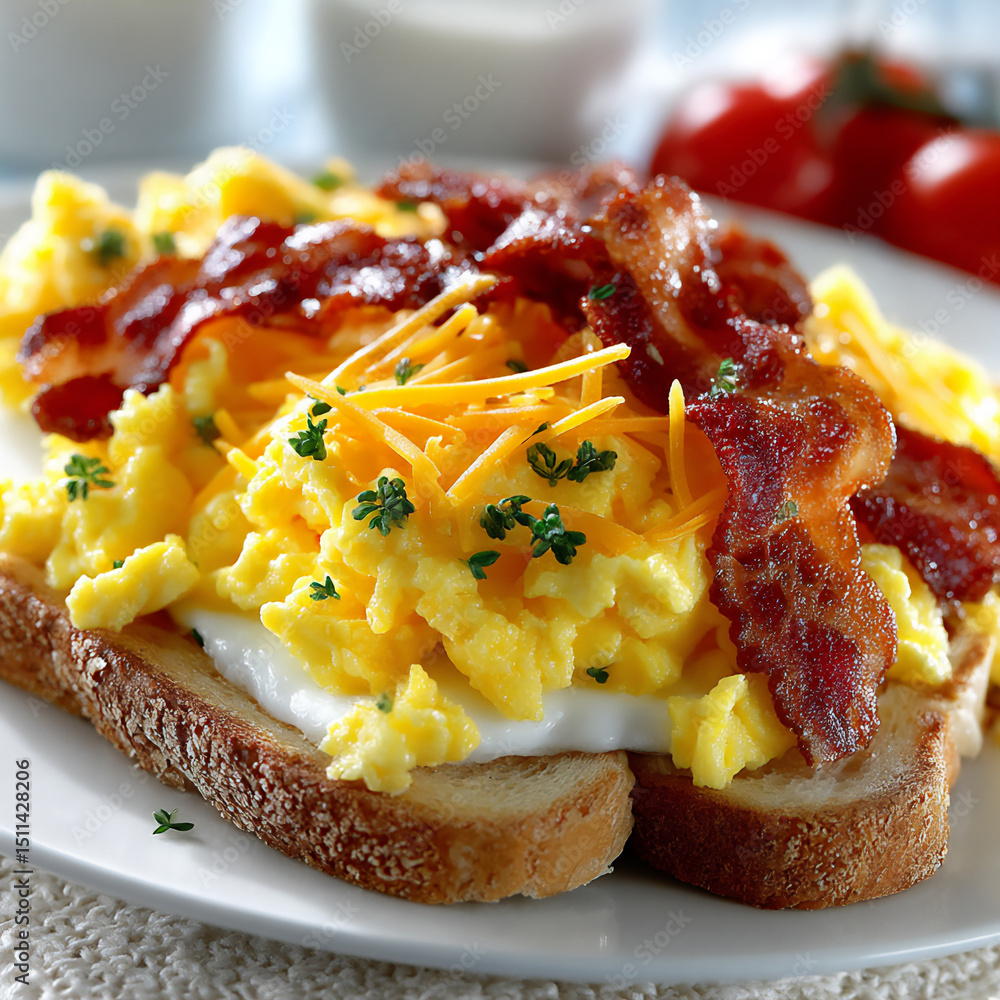 Poster close-up photograph of scrambled eggs on toast with crispy bacon bits and shredded cheddar cheese