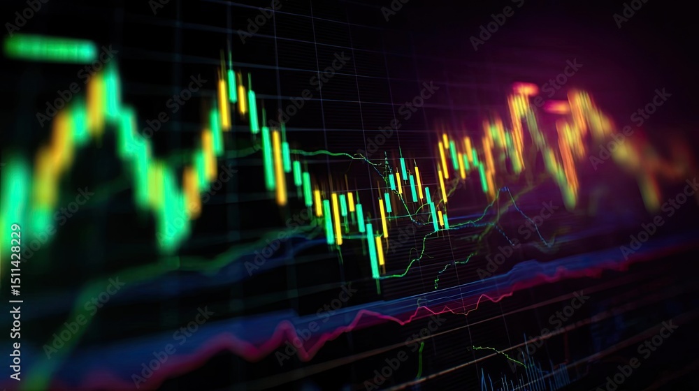 Aufkleber Overbought signal from trend with support and exit strategy concept. A vibrant stock market graph filled with dynamic data trends.