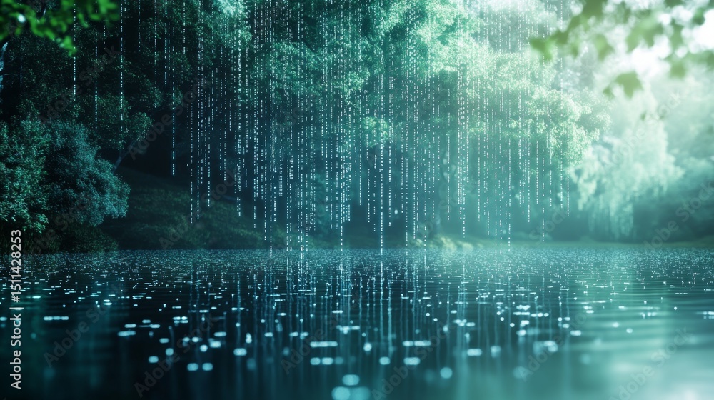 Poster binary code rain falling gently on a serene digit digital landscape visual art tranquil environment 