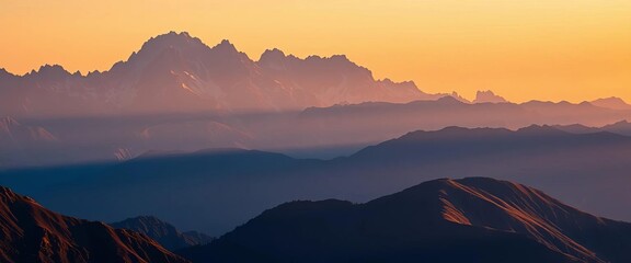 Bold silhouette of majestic mountain ranges, sharp peaks and valleys ,  jagged,  valleys