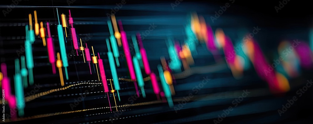 Poster Candlestick pattern based on entry and indicator exit timing concept. Colorful stock market chart with vibrant candlestick designs.