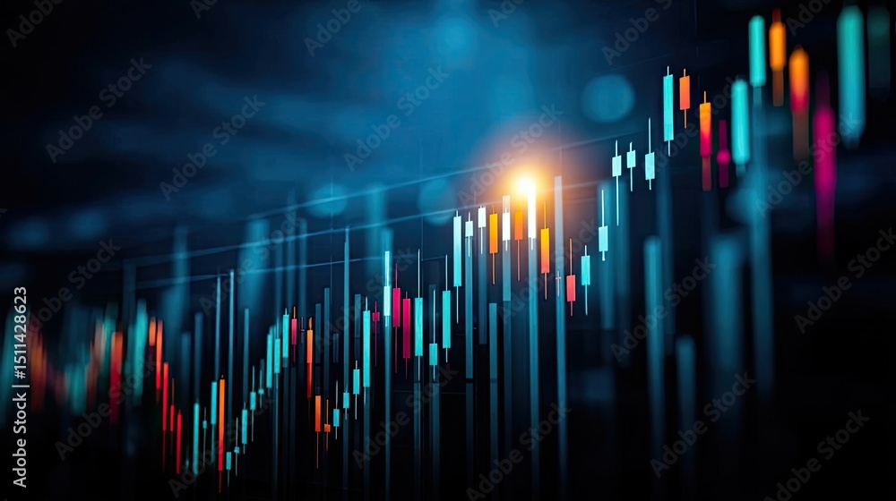 Poster Candlestick pattern based on entry and indicator exit timing concept. Dynamic stock market chart data visualization with bright colors.