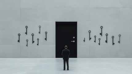 Fototapeta premium Man Standing Before Black Door Surrounded by Keys on Wall