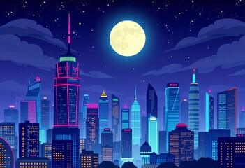 Cartoon night cityscape, neon skyscrapers, full moon, starry sky, vector illustration, urban, metropolis