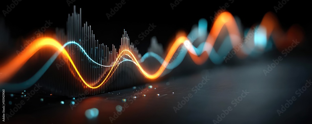Poster Volume spike analysis with price and trend support concept. Abstract sound wave visualization in vibrant colors and patterns.