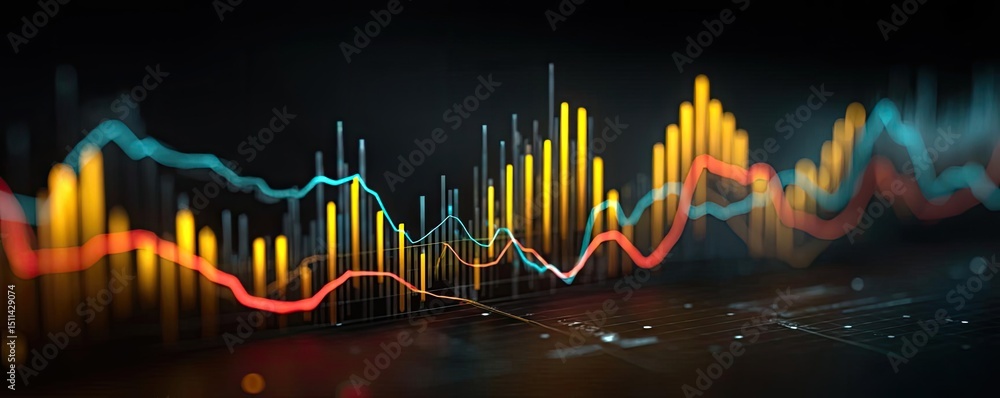 Poster Volume spike analysis with price and trend support concept. Abstract financial graph with colorful data trends and indicators.