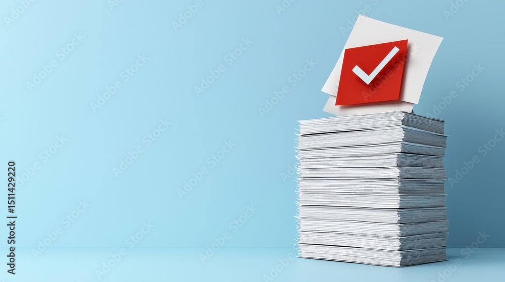 Poster stacked papers with red checkmark signifying completed tasks