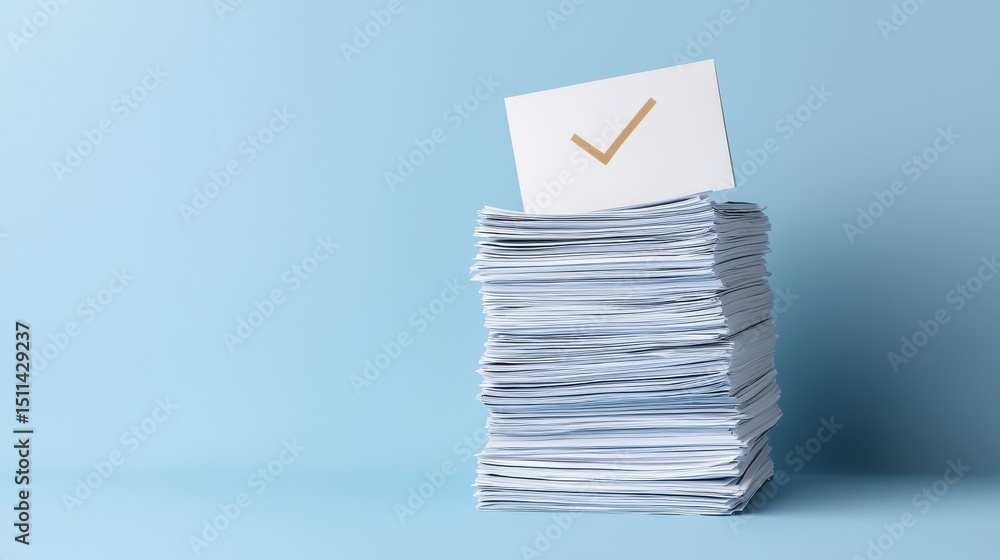 Poster stacked papers with checkmark signifying success and completion
