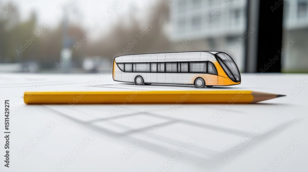 Poster modern bus concept design with sketch and pencil on table