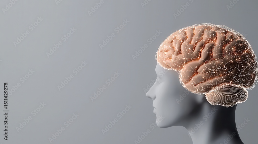 Poster human brain model with neural connections and abstract design