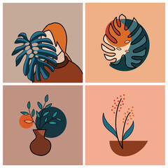 Set of monstera leaf and minimalist leaves in orange tone design illustration