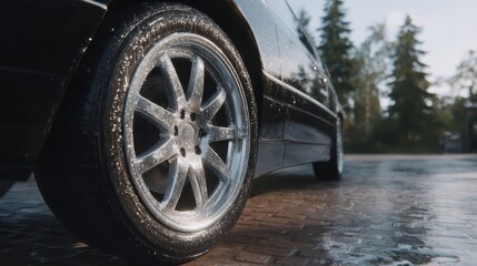 Glossy Car Wheel Close-up After Rain with Water Droplets Shining
